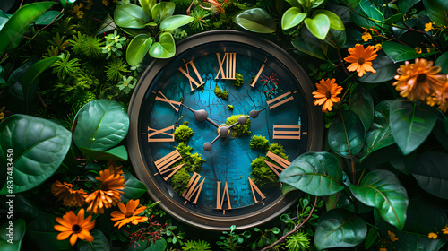 Vintage clock surrounded by lush green leaves and vibrant flowers, creating a harmonious blend of nature and time. Ideal for themes of timeless beauty, nature-inspired decor