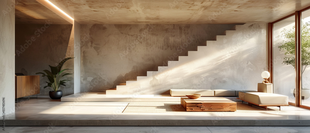 Hyperrealistic panorama of a minimalist interior featuring beton concrete floor, sleek furniture, white walls, and wooden staircase, under studio lights Hyperrealistic panorama of a minimalist interior featuring beton concrete floor, sleek furniture, white walls, and wooden staircase, under studio lights