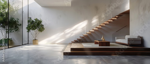 Hyperrealistic interior with nonreflecting beton concrete floor, sleek furniture, white walls, and wooden staircase, studio lights photo