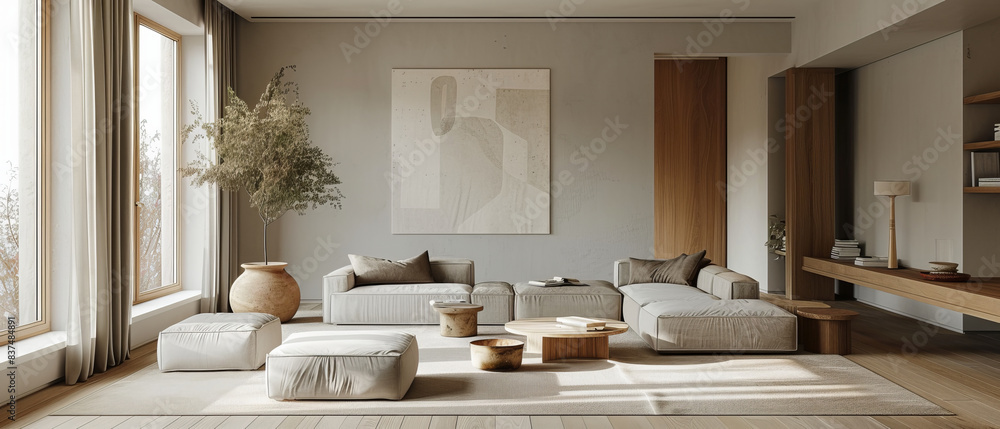 Light gray and light wood minimalist living room with a prominent large poster Light gray and light wood minimalist living room with a prominent large poster