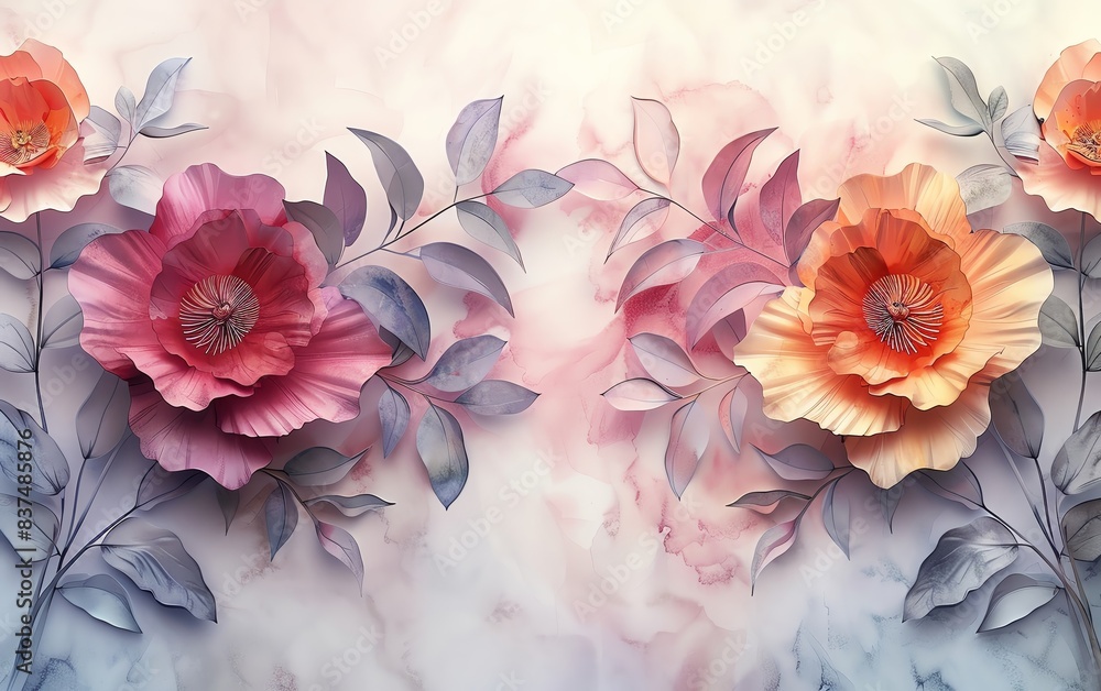 Elegant paper flowers in pink, orange, and purple shades with intricate leaf patterns, set against a soft, textured background. Elegant paper flowers in pink, orange, and purple shades with intricate leaf patterns, set against a soft, textured background.