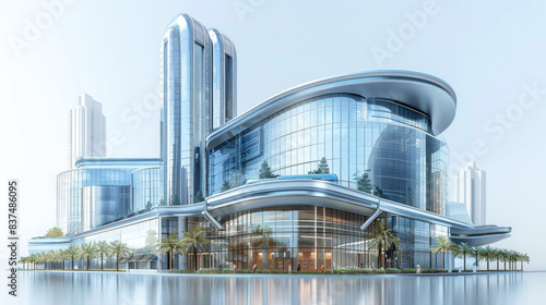 Conceptualize a futuristic city mall: An architectural feat as a high-rise shopping or office complex, showcased against transparency. A digitally envisioned public institution