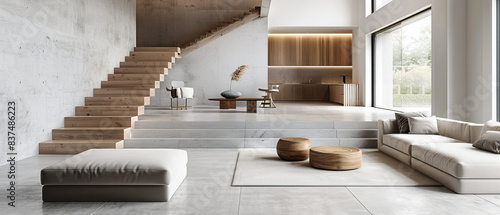 Minimalist interior featuring nonreflecting beton concrete floor, stylish furniture, white walls, wooden staircase, and studio lights photo