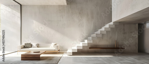 Minimalist interior featuring nonreflecting beton concrete floor, stylish furniture, white walls, wooden staircase, and studio lights photo