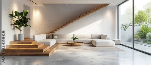 Panel kuchenny z motywem Minimalist interior featuring beton concrete floor, modern furniture, white walls, and wooden staircase, studio lighting