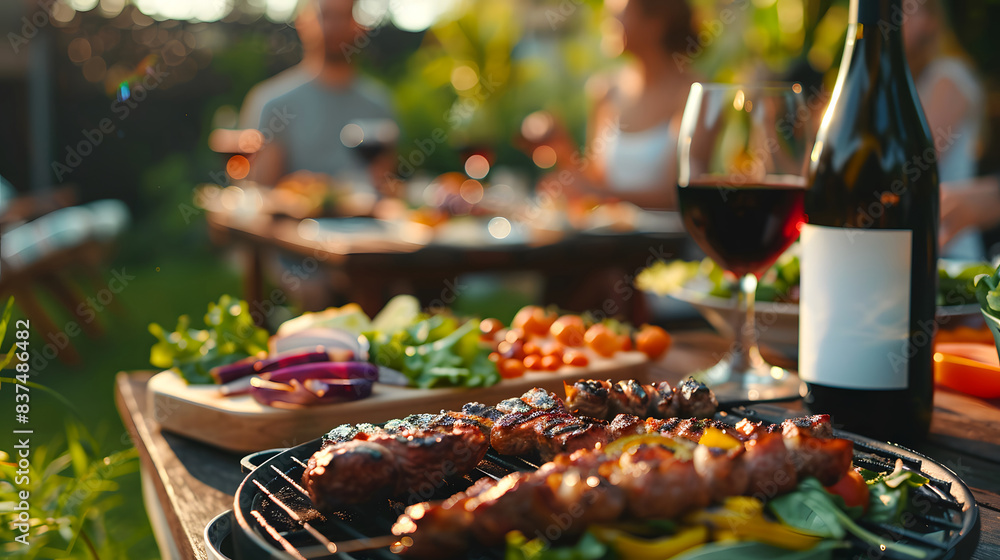 Backyard afternoon snack table with grilled BBQ meat. salads, wine, outdoor dining, festive atmosphere, and joyful people in background Backyard afternoon snack table with grilled BBQ meat. salads, wine, outdoor dining, festive atmosphere, and joyful people in background