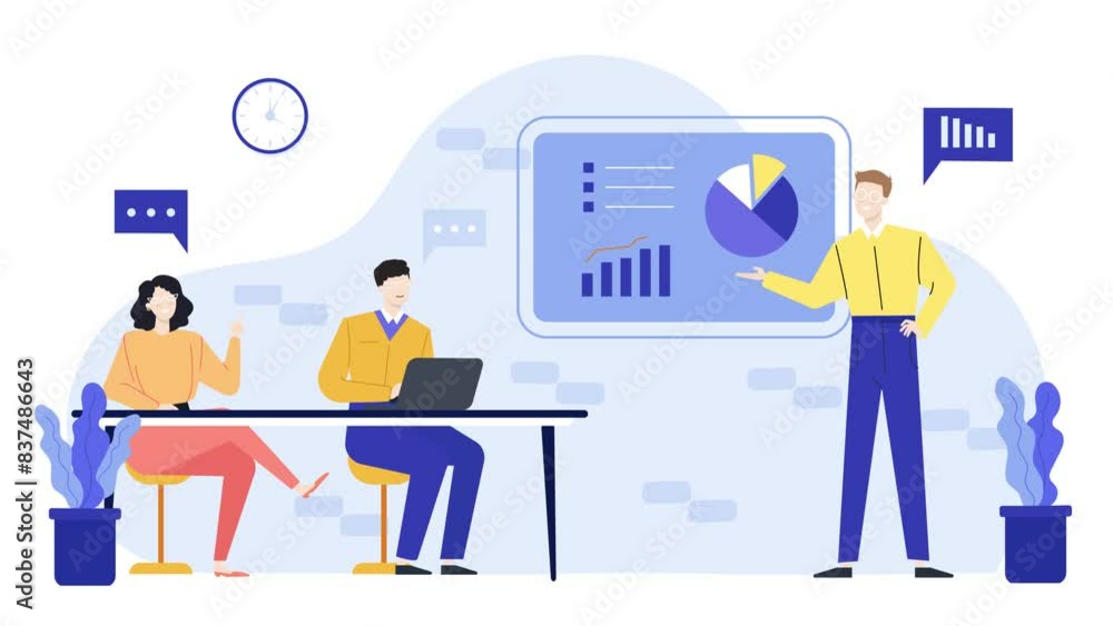 a man presenting data and new idea to the managers. animated illustration. business animation video a man presenting data and new idea to the managers. animated illustration. business animation video