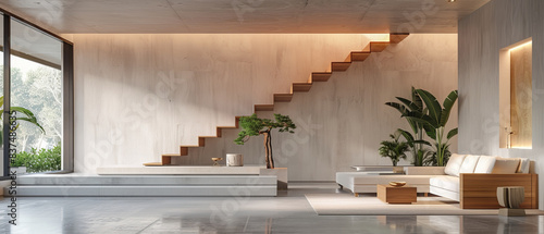 Minimalist panorama of a modern interior with nonreflecting beton concrete floor, stylish furniture, white walls, and wooden staircase, studio lighting photo