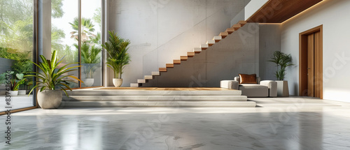 Minimalist panorama of a modern interior with nonreflecting beton concrete floor, stylish furniture, white walls, and wooden staircase, studio lighting photo