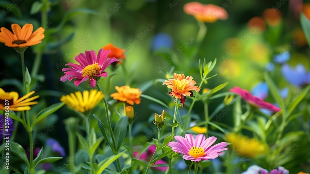 a colorful array of flowers, including purple, pink, yellow, orange, and blue blooms, arranged in a row from left to right a colorful array of flowers, including purple, pink, yellow, orange, and blue blooms, arranged in a row from left to right