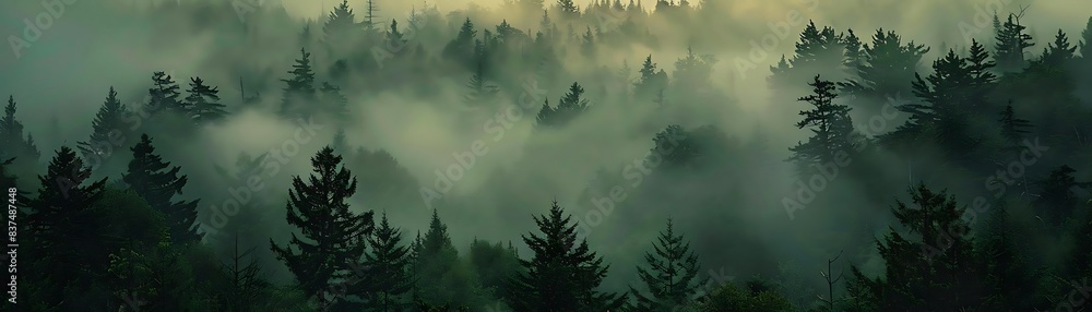a foggy forest with tall and green trees, including a pine tree, surrounded by fog a foggy forest with tall and green trees, including a pine tree, surrounded by fog