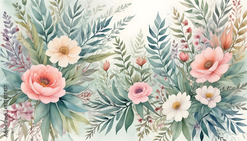 Fototapeta Naklejka Na Ścianę i Meble -  Background Botanical watercolor hand drawn flowers 10