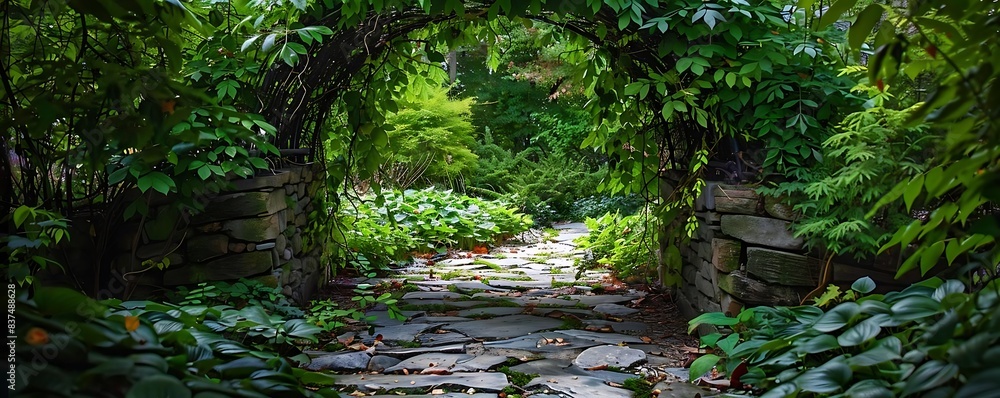 Obraz premium a lush green tree stands beside a stone walkway surrounded by bushes and trees