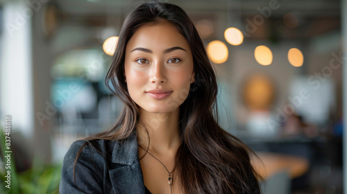 Exuding confidence, a young successful female employee poses for a photo in a sleek, modern office