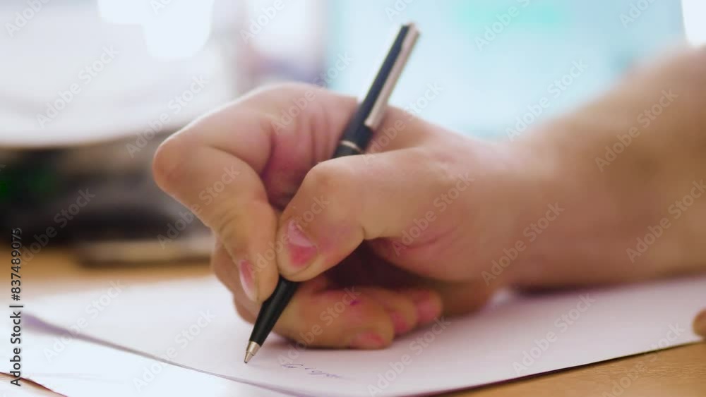Close-up of a man's hand writing down a to-do list with a pen in the office. Hand closeup, blurred background. Written letter abstract. FHD video background. Close-up of a man's hand writing down a to-do list with a pen in the office. Hand closeup, blurred background. Written letter abstract. FHD video background.