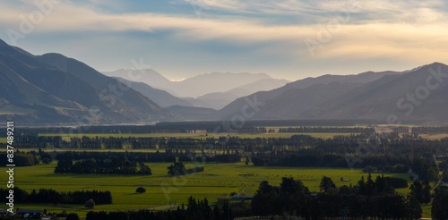 Mountain view of the southern alps from Hanmer Springs, Canterbury, New Zealand. photo