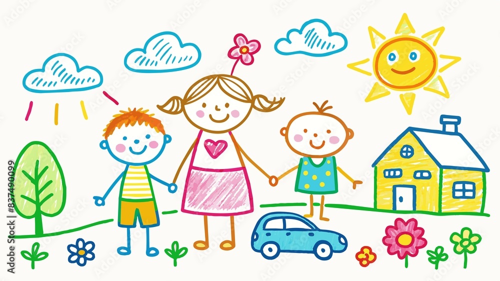 Sunny days and smiles! A child's cheerful chalk drawing depicts their family, colorful flowers, and a shining car, bursting with the joy of spring. Sunny days and smiles! A child's cheerful chalk drawing depicts their family, colorful flowers, and a shining car, bursting with the joy of spring.