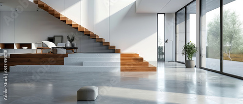 Simple and modern interior with nonreflecting beton concrete floor, sleek furniture, white walls, and a wooden staircase, studio lighting photo