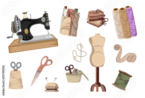 Vintage Sewing Tools and Accessories Collection Illustration