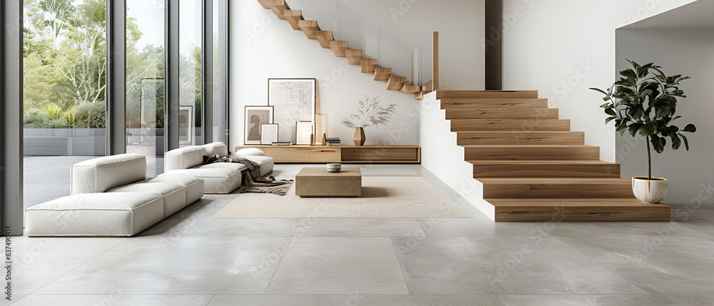 Fototapeta premium Simple interior design with beton concrete floor, modern furniture, white walls, wooden staircase, and studio lighting