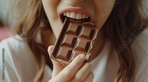 a girl biting a chocolate bar generative ai