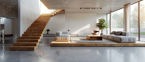 Spacious minimalist interior design with nonreflecting beton concrete floor, stylish furniture, white walls, and wooden staircase, studio lighting photo