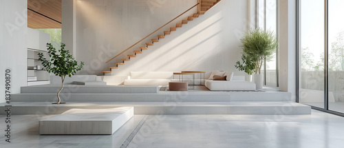 Spacious minimalist interior with nonreflecting beton concrete floor, contemporary furniture, white walls, and a wooden staircase, with studio lighting photo