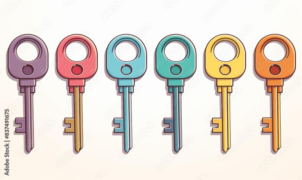 Keys flat design front view hotel room keys theme cartoon drawing Tetradic color scheme Keys flat design front view hotel room keys theme cartoon drawing Tetradic color scheme