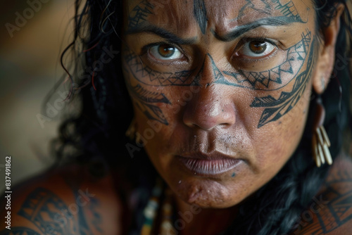 Powerful close-up of an indigenous woman with detailed traditional facial tattoos  expressing cultural pride and strength.