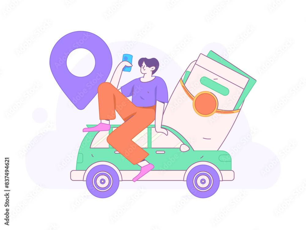 Flat vector concept operation hand drawn illustration of people taking a taxi
