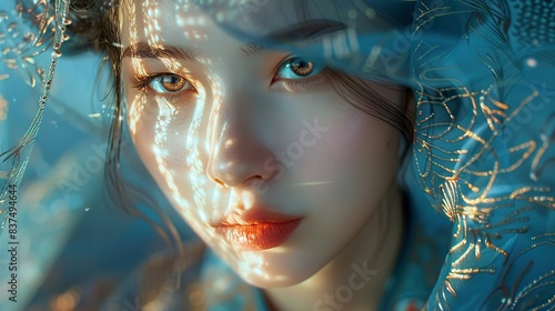 A digital portrait inspired by the Song dynasty, featuring a woman in a serene moment, Waist up close-up,her traditional attire detailed with gold thread against a silk blue fabric. Generate AI. photo