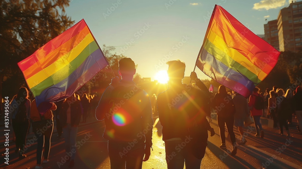 Fototapeta premium Silhouetted Couple with Rainbow Flags. Couple holds rainbow flags, silhouetted against the setting sun, celebrating LGBTQ pride and love.