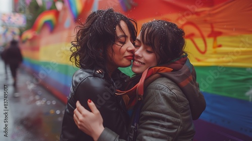 Women Embracing at Pride Parade. Two women lovingly embrace each other in front of a rainbow wall, celebrating their love at a Pride parade. © Old Man Stocker