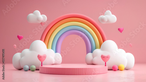 Pastel background with clouds and a cute rainbow frames a 3D podium, ideal for showcasing kids' products © SebuahKisah