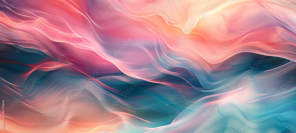 Fototapeta premium Subtle distortion in abstract art, gentle wave patterns, soft colors, top view, showcasing refined digital aesthetics, digital tone, vivid color scheme.
