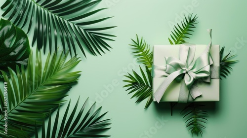 A gift box with a decorative ribbon bow  set on a flat lay solid color background with dried flowers and tropical leaves  featuring ample area for copy