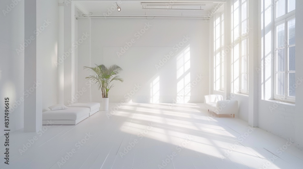 A pristine white studio space with minimalist decor and soft lighting, providing an ideal environment for creative work and artistic expression. A pristine white studio space with minimalist decor and soft lighting, providing an ideal environment for creative work and artistic expression.