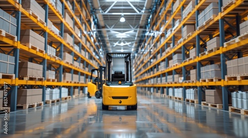 Automated guided vehicles (AGVs) navigate through aisles of shelves in a modern smart warehouse, transporting goods with precision and efficiency to meet customer demands.