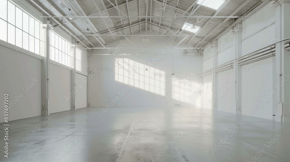 Industrial white warehouse with high ceilings and an empty floor plan, surrounded by a uniform white background Industrial white warehouse with high ceilings and an empty floor plan, surrounded by a uniform white background