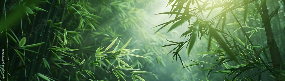 Fototapeta premium a lush green tree stands tall amidst a sea of bamboo plants, with a single green leaf adding a touch of vibrancy to the scene