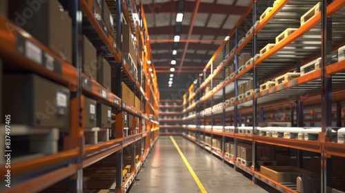 Smart lighting systems adjust brightness levels based on occupancy and natural light conditions, optimizing energy usage and creating a comfortable working environment in a modern warehouse facility © kitipol