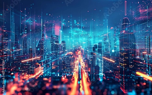 Panoramic urban architecture, cityscape with space and neon light effects. Modern hi-tech, science, futuristic technology concept. Very beautiful abstract digital high photo