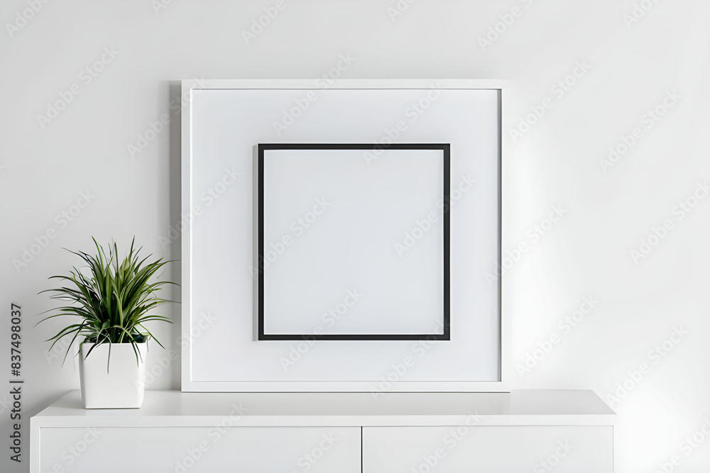 Blank picture frame mockup on white wall. Square orientation. Artwork template in modern interior design Blank picture frame mockup on white wall. Square orientation. Artwork template in modern interior design