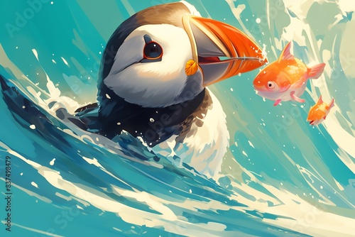 Super cute illustration of a puffin with fish, vibrant colors, soft focus, detailed fur texture, happy and playful mood photo