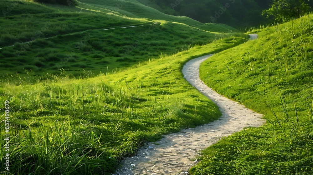 a narrow path winds through a lush green hillside, flanked by a lone green tree a narrow path winds through a lush green hillside, flanked by a lone green tree