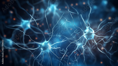 Illustration of Active Neuron Cell Function in 3D with Neural Connections and Synaptic Activity