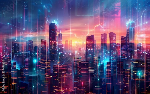 Wallpaper Mural Panoramic urban architecture, cityscape with space and neon light effects. Modern hi-tech, science, futuristic technology concept. Very beautiful abstract digital high Torontodigital.ca