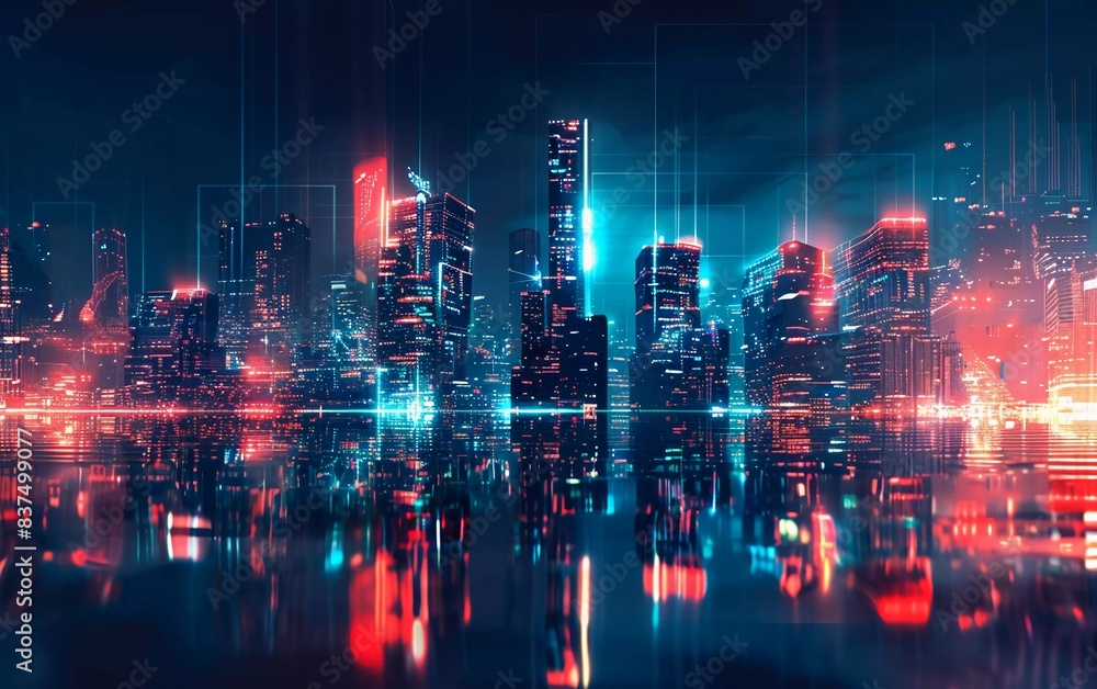Fototapeta premium Panoramic urban architecture, cityscape with space and neon light effects. Modern hi-tech, science, futuristic technology concept. Very beautiful abstract digital high