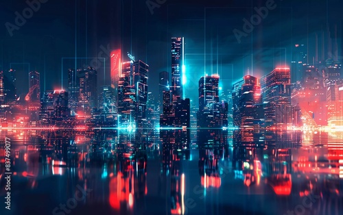 Panoramic urban architecture  cityscape with space and neon light effects. Modern hi-tech  science  futuristic technology concept. Very beautiful abstract digital high