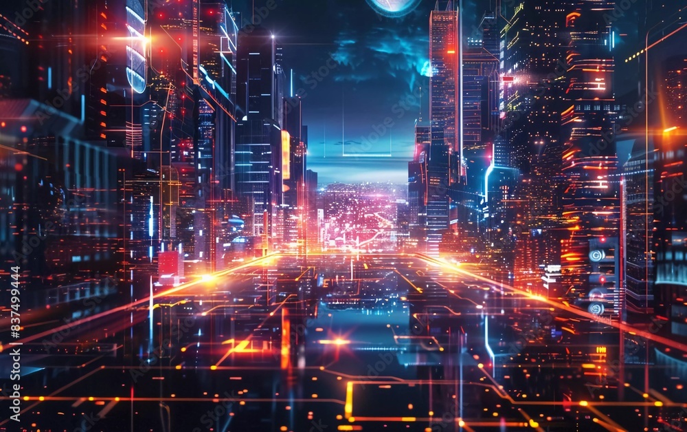 Panoramic urban architecture, cityscape with space and neon light effects. Modern hi-tech, science, futuristic technology concept. Very beautiful abstract digital high Panoramic urban architecture, cityscape with space and neon light effects. Modern hi-tech, science, futuristic technology concept. Very beautiful abstract digital high